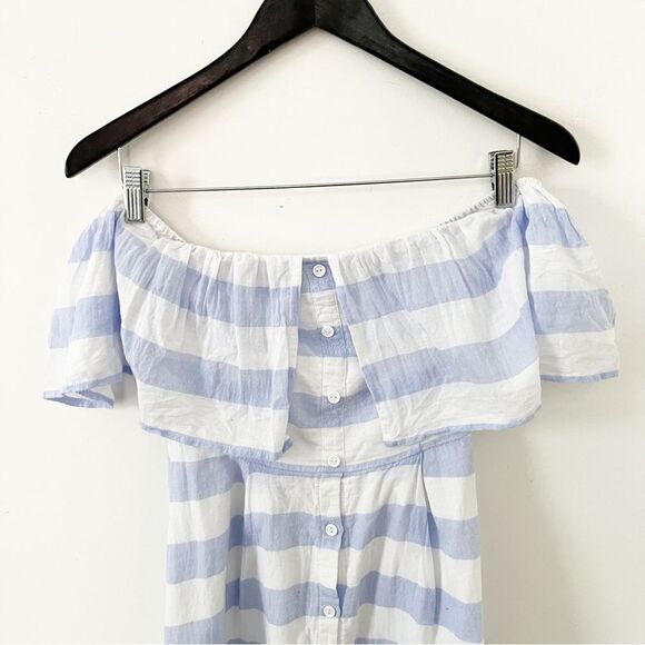 Lulu’s Blue Ivory “Transatlantic Voyage” Off The Shoulder Striped Mini Dress - Picture 6 of 15